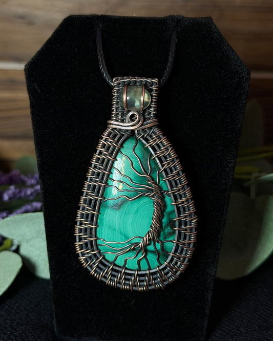Malachite & Prehnite Wire-Wrapped Pendant