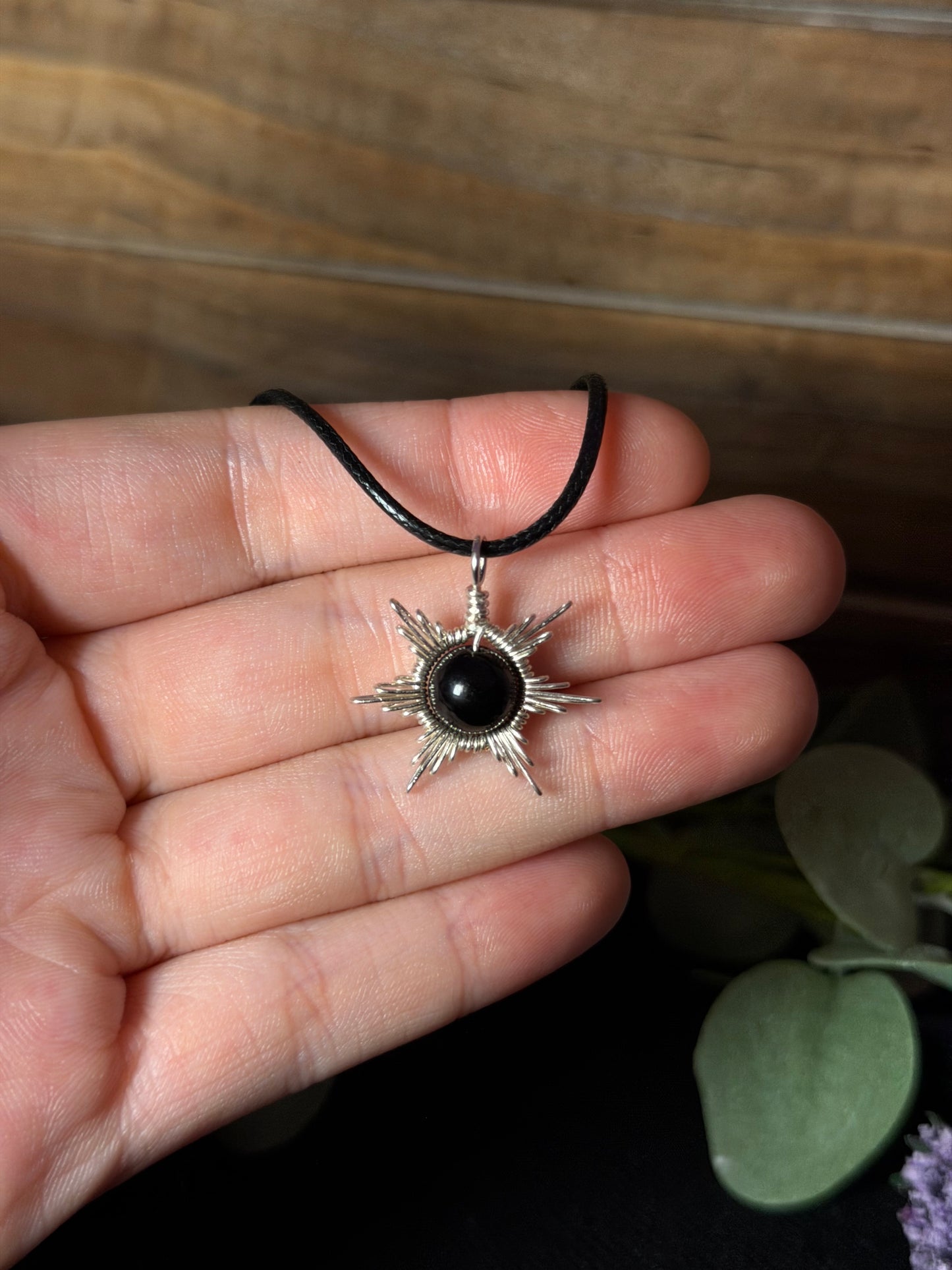 Black Onyx Star/Snowflake Wire-Wrapped Pendant