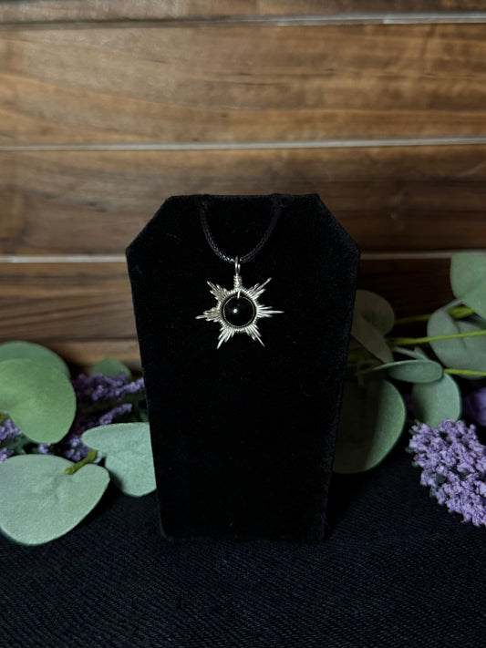 Black Onyx Star/Snowflake Wire-Wrapped Pendant