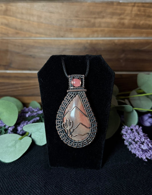 Polychrome Jasper & Rhodochrosite Wire-Wrapped Pendant