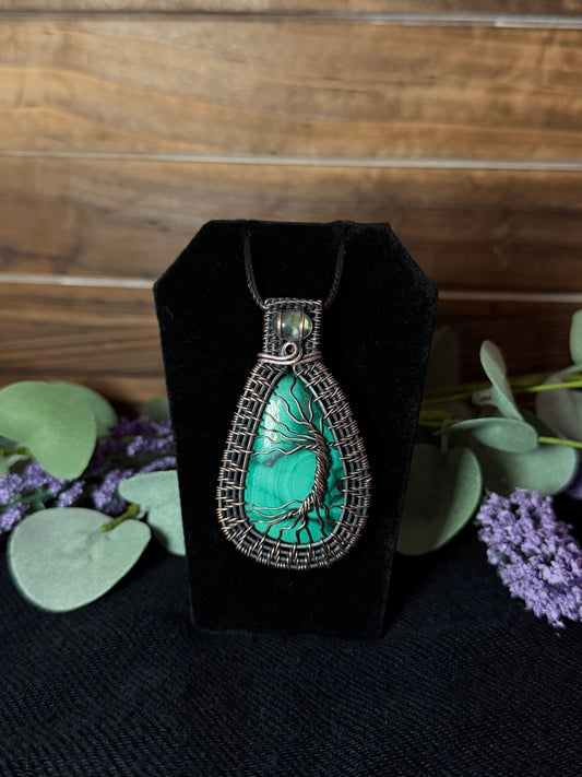 Malachite & Prehnite Wire-Wrapped Pendant