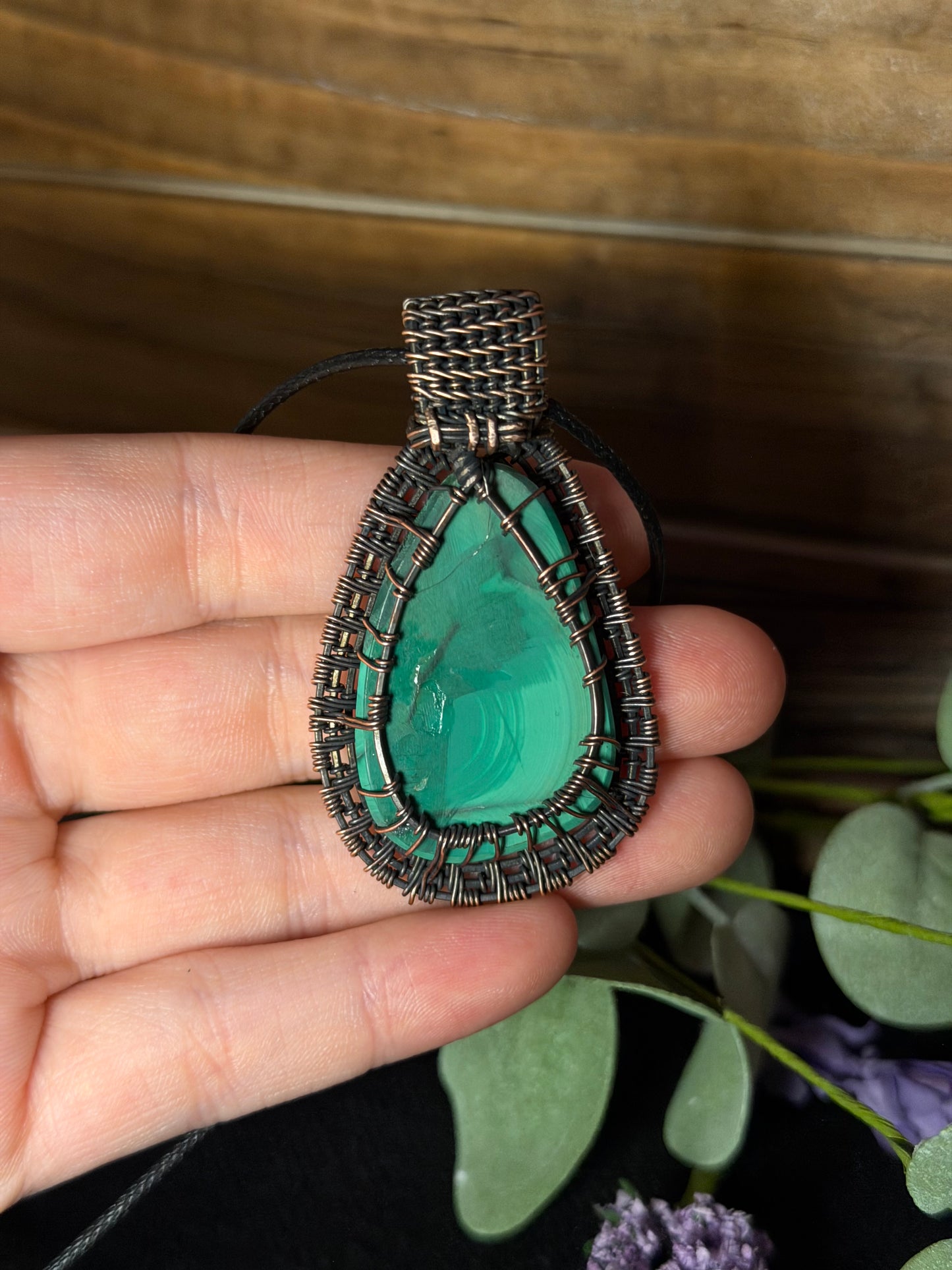 Malachite & Prehnite Wire-Wrapped Pendant