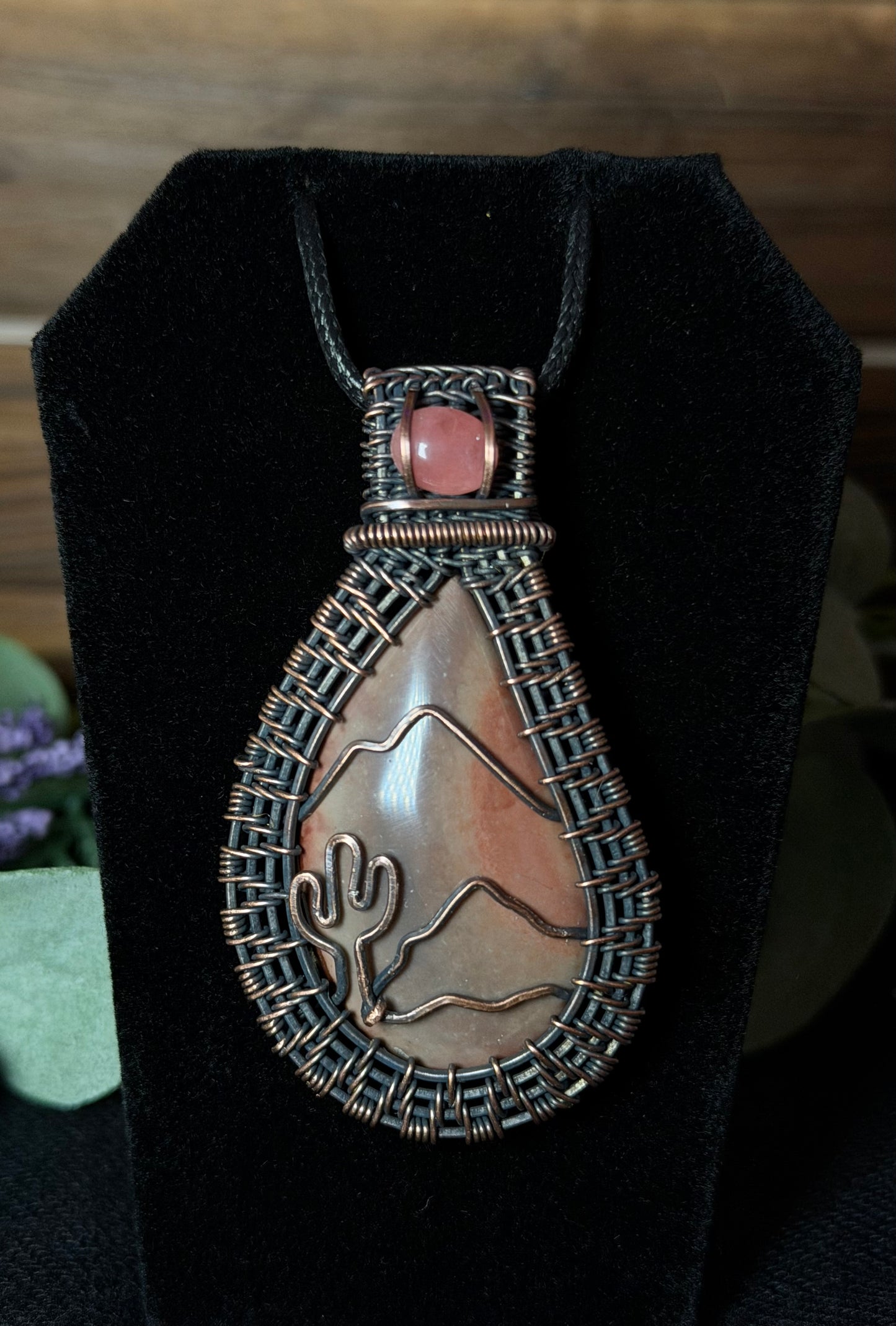 Polychrome Jasper & Rhodochrosite Wire-Wrapped Pendant